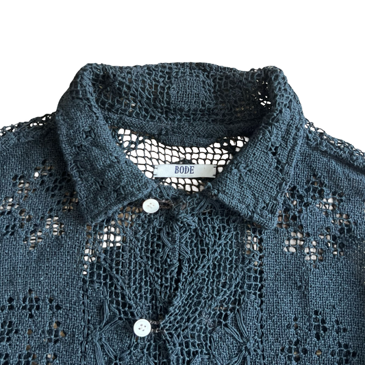 Bode Black Crochet Knit Button-up SZ S