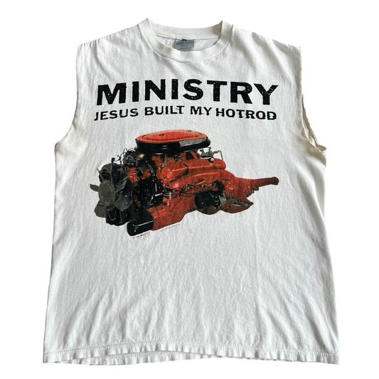 Vintage 90s Ministry Jesus Built My Hotrod Cut Off T-Shirt SZ L