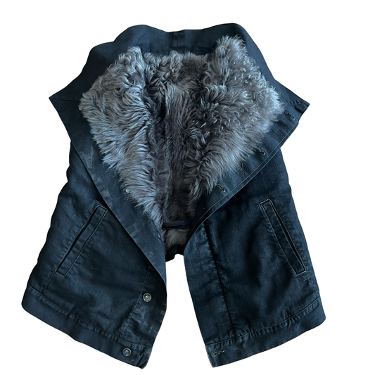 Rick Owens Lamb Fur Waxed Denim Vest Sz Large